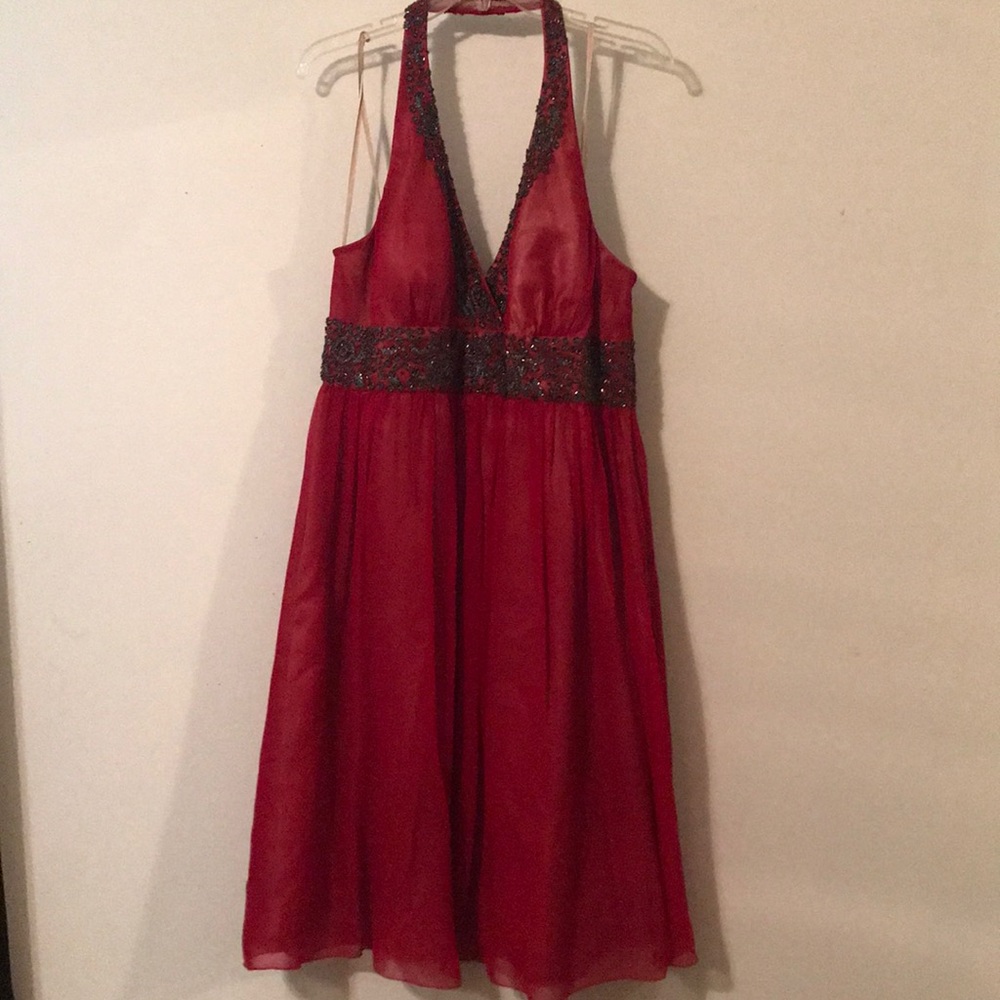 Red beaded halter cocktail dress